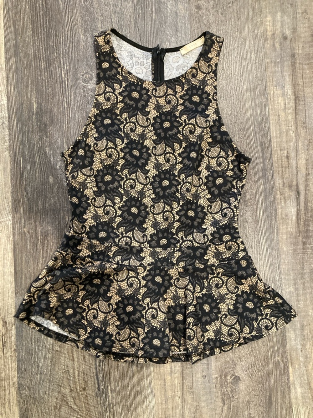 Lush Printed Black And Nude Lace Peplum Top